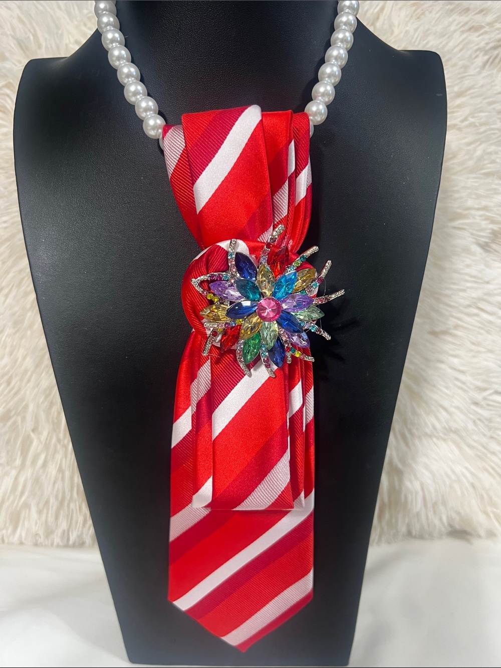Multi-Color Crystal Flower Brooch Necklace with Red Accent Scarf